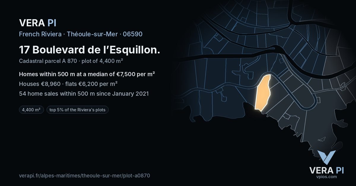 17 Boulevard de l’Esquillon, Théoule-sur-Mer at night – the plot lit, the parcels around coloured by the prices near them