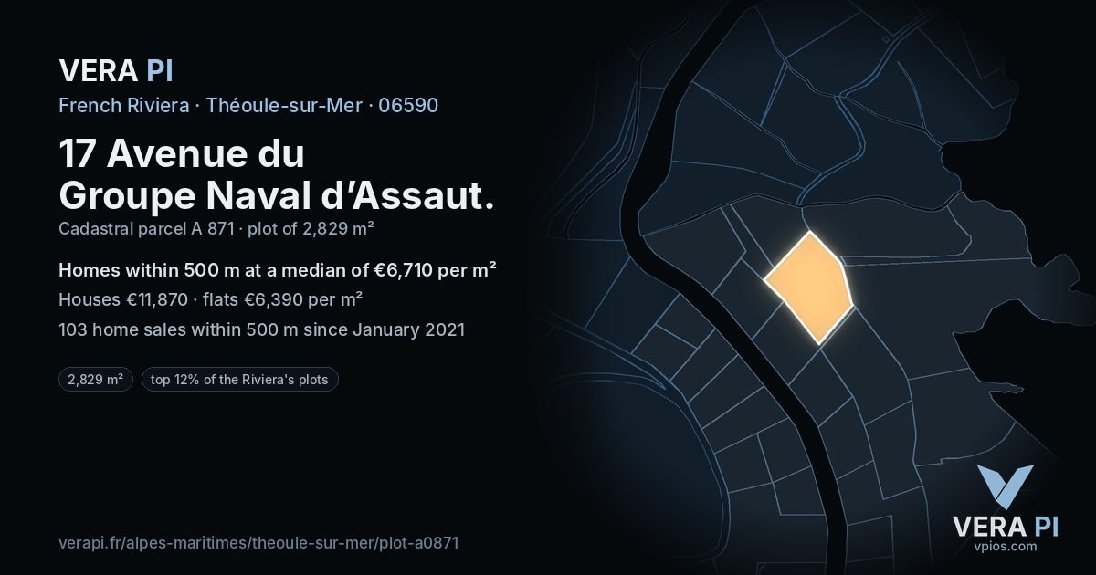 17 Avenue du Groupe Naval d’Assaut, Théoule-sur-Mer at night – the plot lit, the parcels around coloured by the prices near them