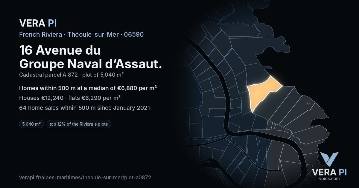 16 Avenue du Groupe Naval d’Assaut, Théoule-sur-Mer at night – the plot lit, the parcels around coloured by the prices near them