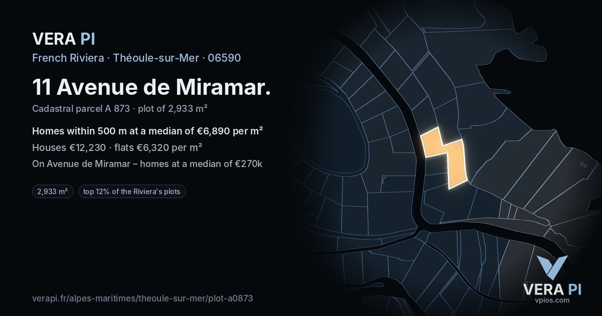 11 Avenue de Miramar, Théoule-sur-Mer at night – the plot lit, the parcels around coloured by the prices near them