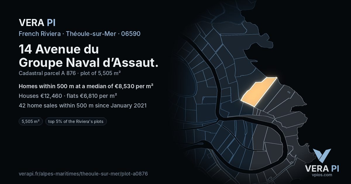 14 Avenue du Groupe Naval d’Assaut, Théoule-sur-Mer at night – the plot lit, the parcels around coloured by the prices near them