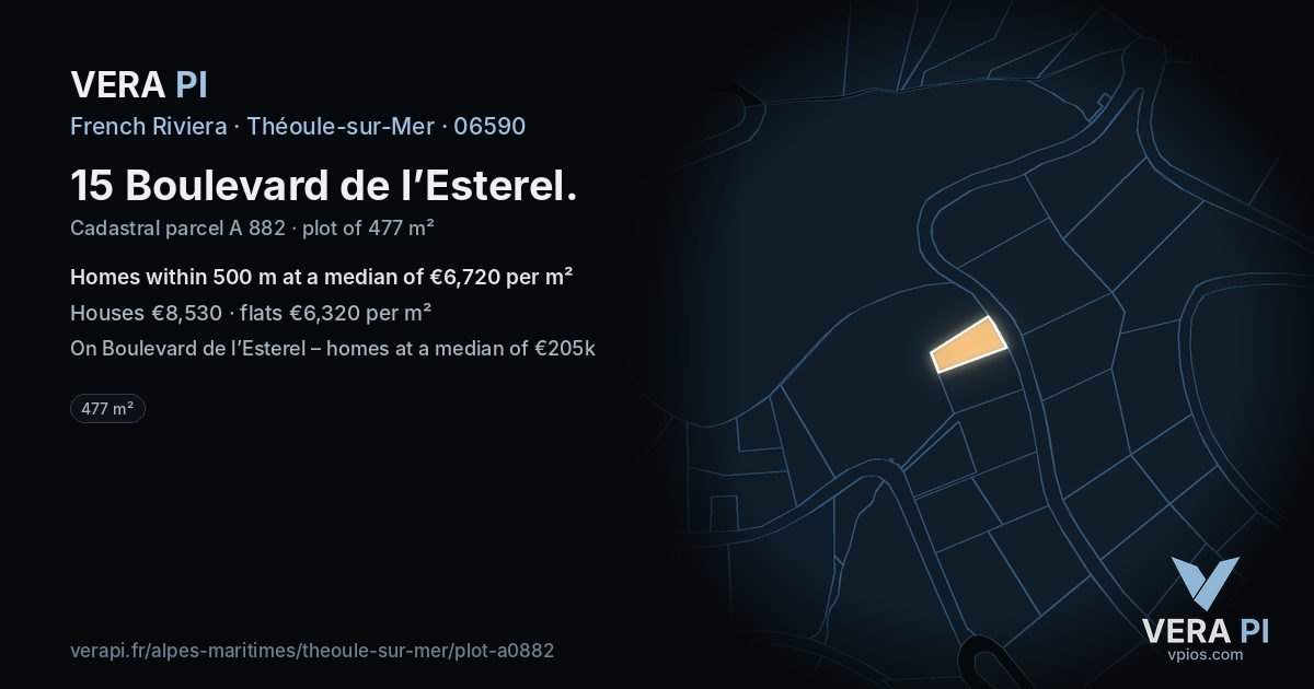 15 Boulevard de l’Esterel, Théoule-sur-Mer at night – the plot lit, the parcels around coloured by the prices near them