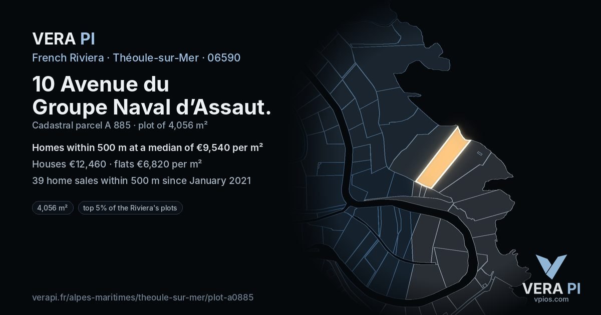 10 Avenue du Groupe Naval d’Assaut, Théoule-sur-Mer at night – the plot lit, the parcels around coloured by the prices near them