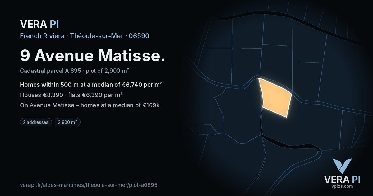 9 Avenue Matisse, Théoule-sur-Mer at night – the plot lit, the parcels around coloured by the prices near them