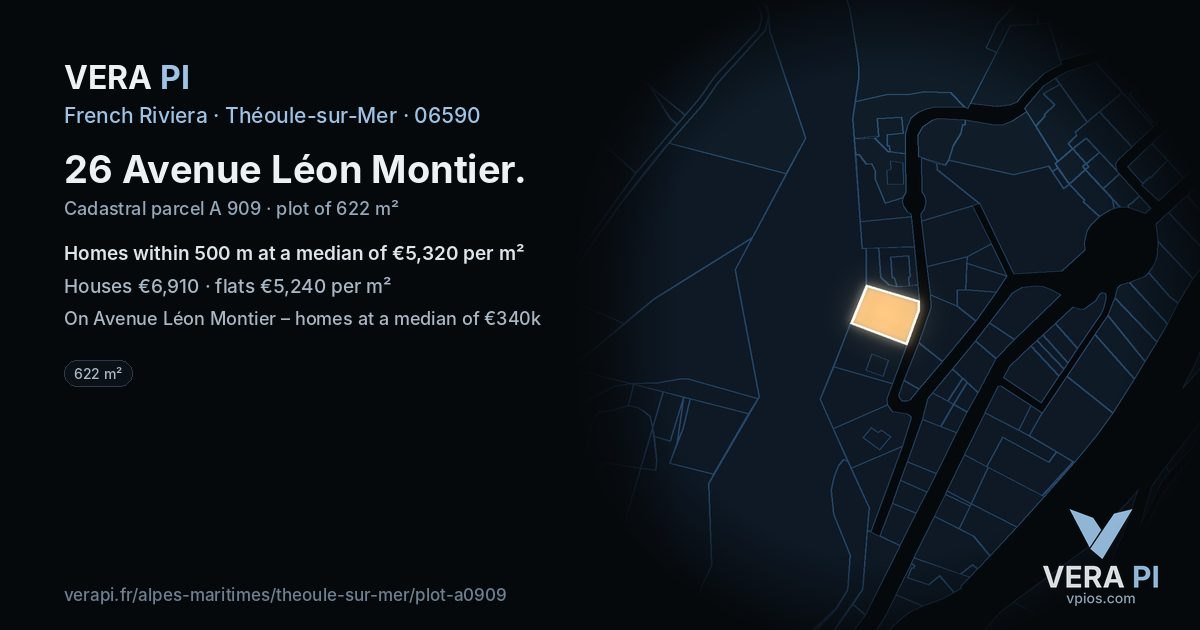 26 Avenue Léon Montier, Théoule-sur-Mer at night – the plot lit, the parcels around coloured by the prices near them
