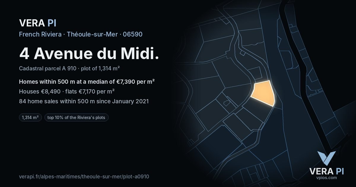 4 Avenue du Midi, Théoule-sur-Mer at night – the plot lit, the parcels around coloured by the prices near them
