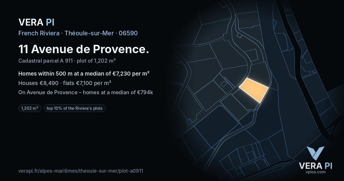 11 Avenue de Provence, Théoule-sur-Mer at night – the plot lit, the parcels around coloured by the prices near them