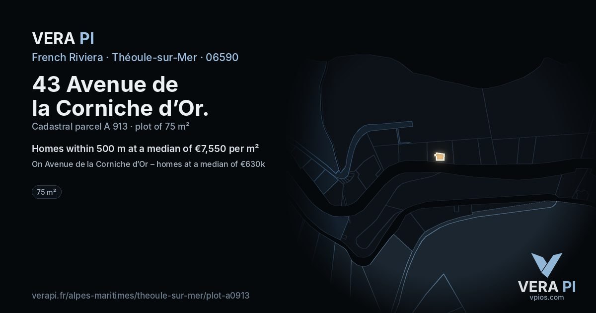 43 Avenue de la Corniche d’Or, Théoule-sur-Mer at night – the plot lit, the parcels around coloured by the prices near them