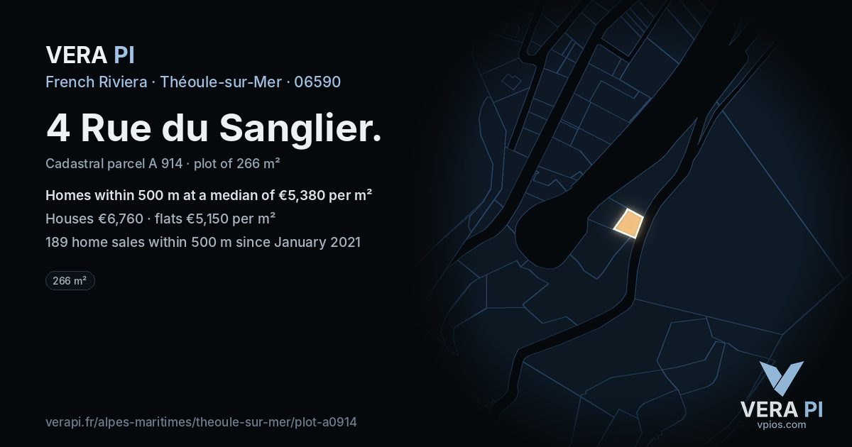 4 Rue du Sanglier, Théoule-sur-Mer at night – the plot lit, the parcels around coloured by the prices near them