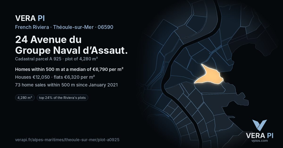 24 Avenue du Groupe Naval d’Assaut, Théoule-sur-Mer at night – the plot lit, the parcels around coloured by the prices near them