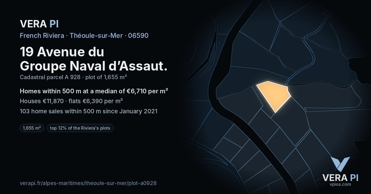 19 Avenue du Groupe Naval d’Assaut, Théoule-sur-Mer at night – the plot lit, the parcels around coloured by the prices near them