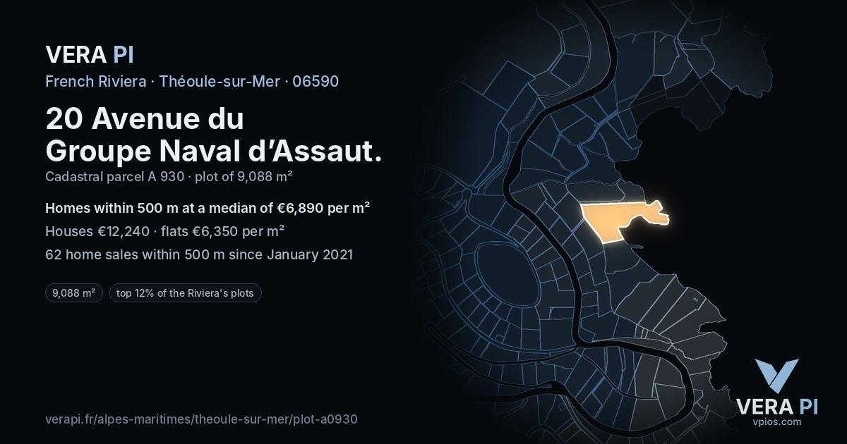 20 Avenue du Groupe Naval d’Assaut, Théoule-sur-Mer at night – the plot lit, the parcels around coloured by the prices near them