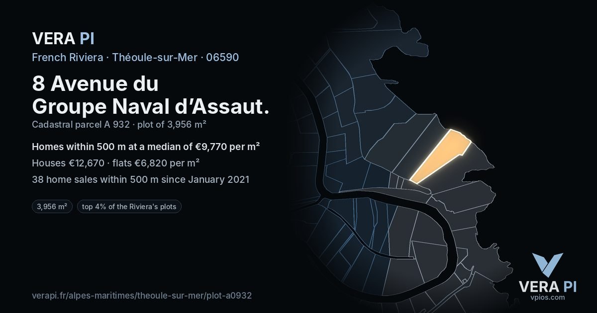 8 Avenue du Groupe Naval d’Assaut, Théoule-sur-Mer at night – the plot lit, the parcels around coloured by the prices near them