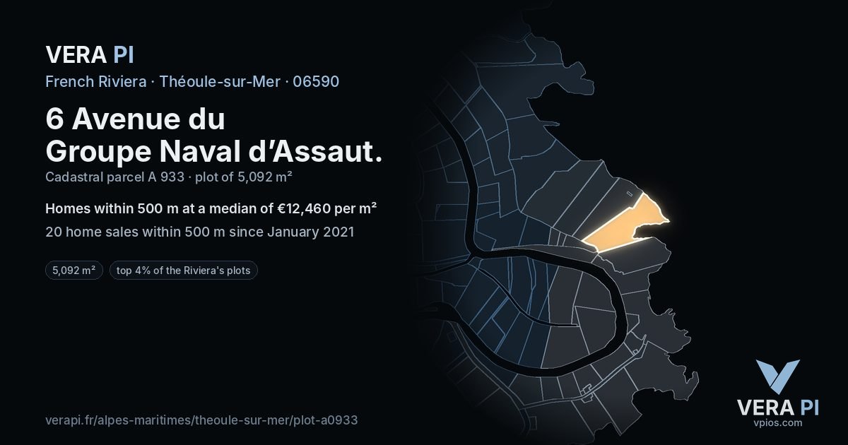 6 Avenue du Groupe Naval d’Assaut, Théoule-sur-Mer at night – the plot lit, the parcels around coloured by the prices near them