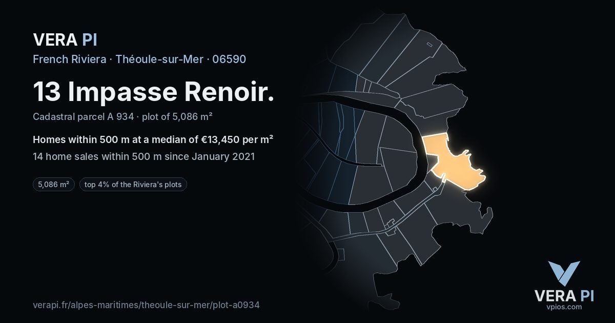 13 Impasse Renoir, Théoule-sur-Mer at night – the plot lit, the parcels around coloured by the prices near them