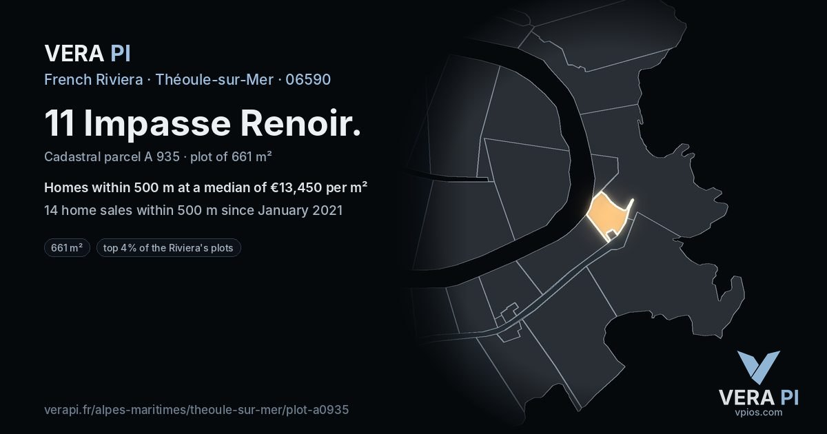 11 Impasse Renoir, Théoule-sur-Mer at night – the plot lit, the parcels around coloured by the prices near them