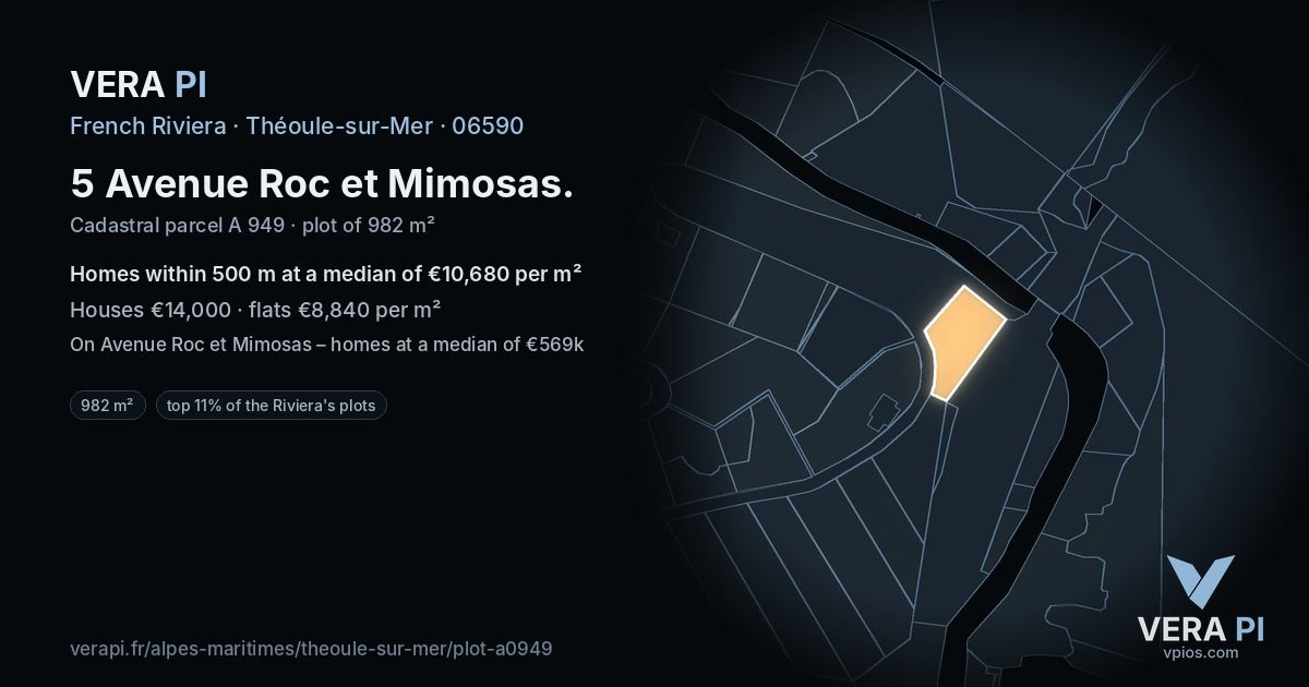 5 Avenue Roc et Mimosas, Théoule-sur-Mer at night – the plot lit, the parcels around coloured by the prices near them