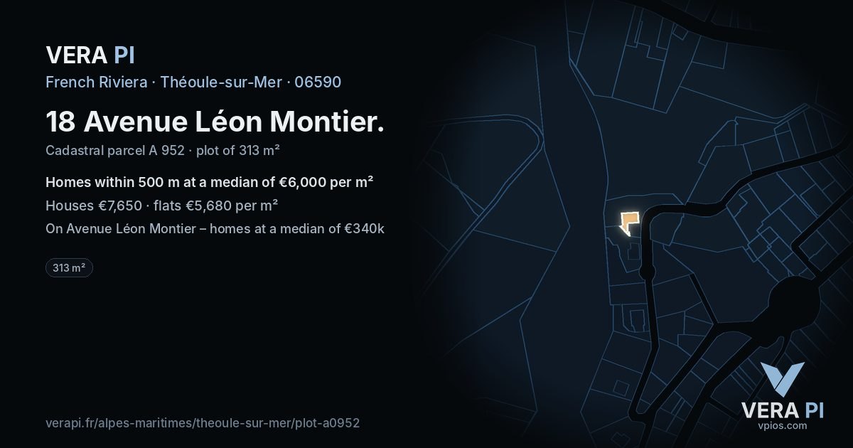 18 Avenue Léon Montier, Théoule-sur-Mer at night – the plot lit, the parcels around coloured by the prices near them