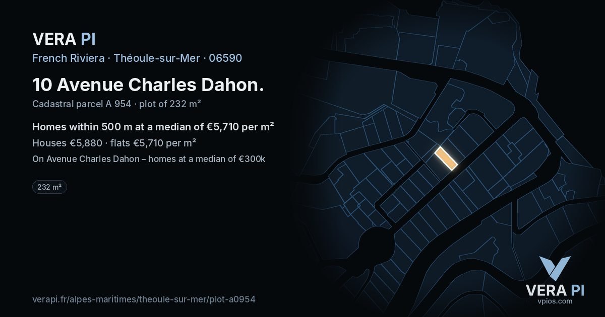 10 Avenue Charles Dahon, Théoule-sur-Mer at night – the plot lit, the parcels around coloured by the prices near them