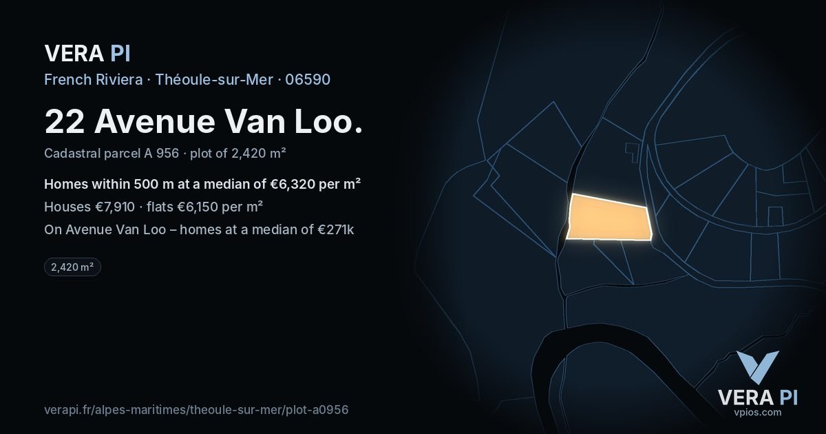 22 Avenue Van Loo, Théoule-sur-Mer at night – the plot lit, the parcels around coloured by the prices near them