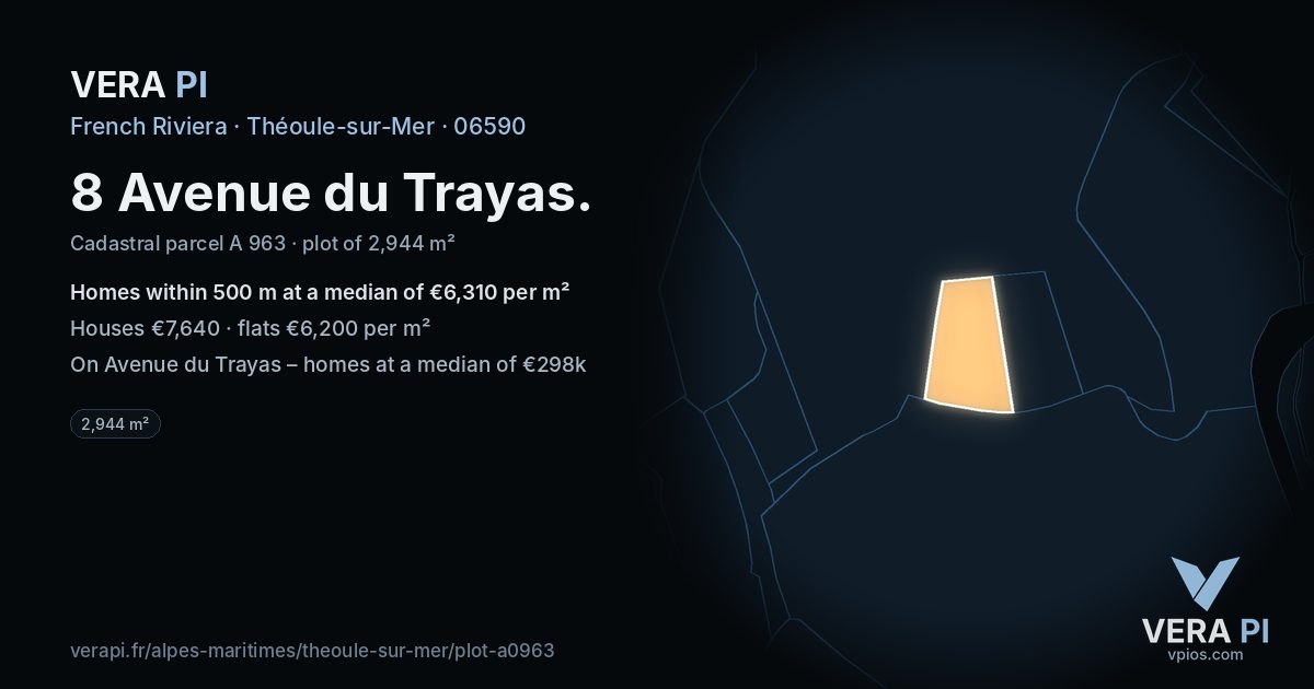 8 Avenue du Trayas, Théoule-sur-Mer at night – the plot lit, the parcels around coloured by the prices near them