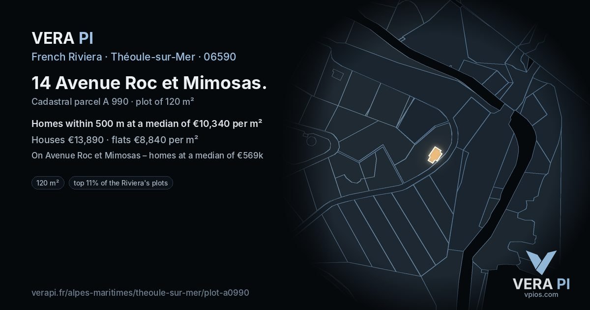 14 Avenue Roc et Mimosas, Théoule-sur-Mer at night – the plot lit, the parcels around coloured by the prices near them