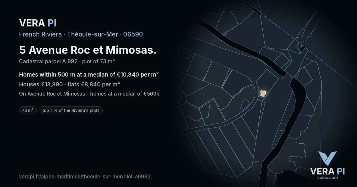 5 Avenue Roc et Mimosas, Théoule-sur-Mer at night – the plot lit, the parcels around coloured by the prices near them