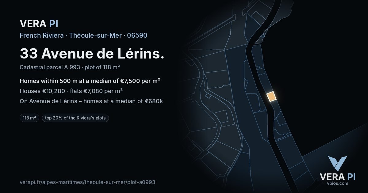 33 Avenue de Lérins, Théoule-sur-Mer at night – the plot lit, the parcels around coloured by the prices near them
