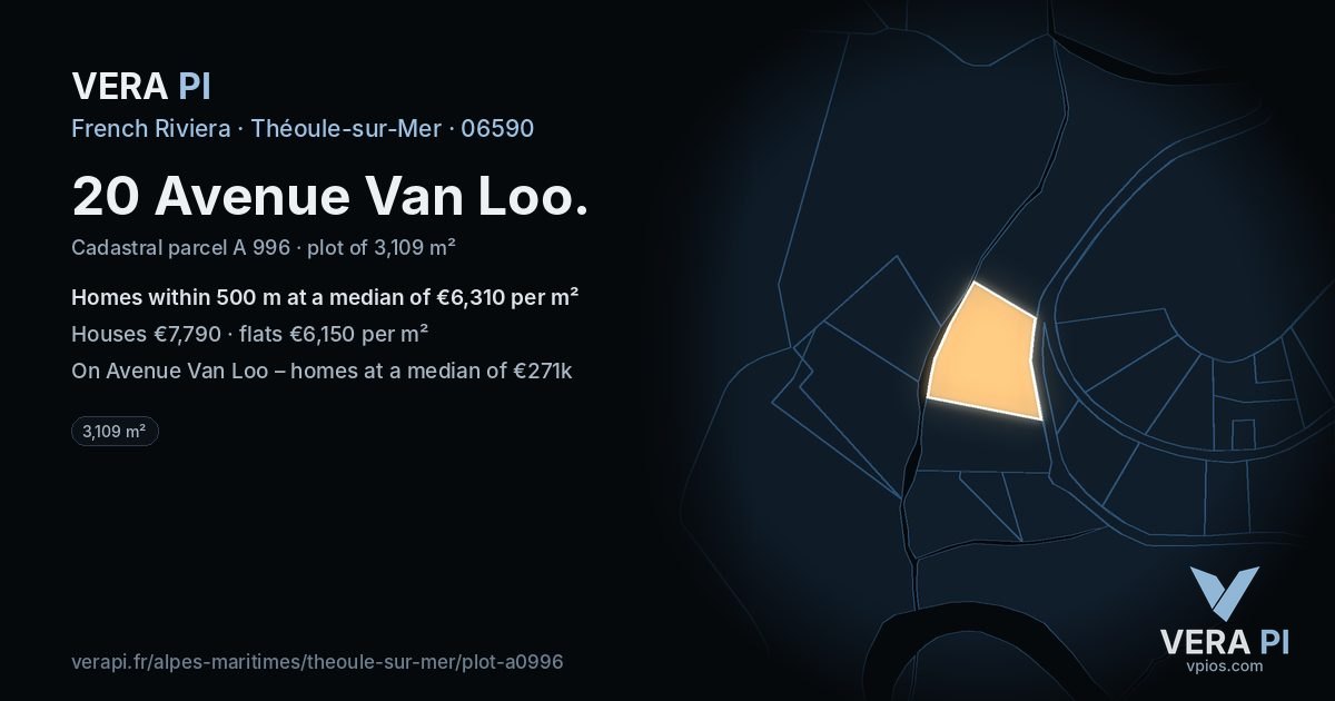20 Avenue Van Loo, Théoule-sur-Mer at night – the plot lit, the parcels around coloured by the prices near them
