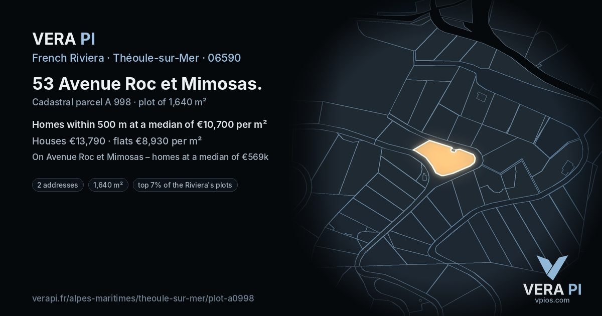53 Avenue Roc et Mimosas, Théoule-sur-Mer at night – the plot lit, the parcels around coloured by the prices near them