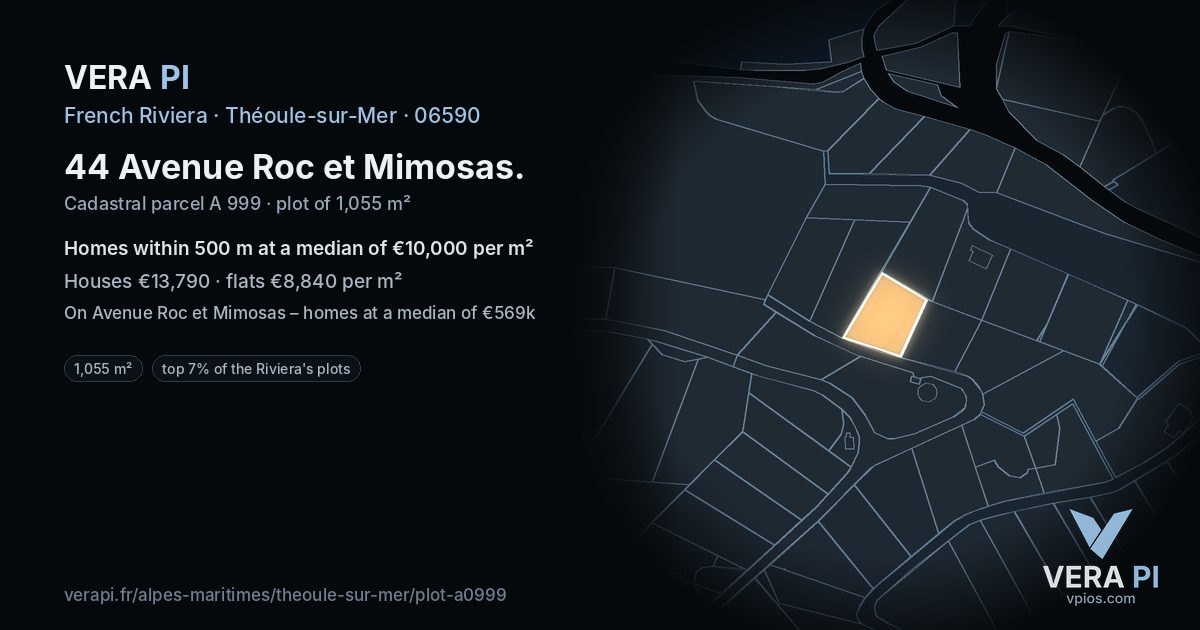 44 Avenue Roc et Mimosas, Théoule-sur-Mer at night – the plot lit, the parcels around coloured by the prices near them