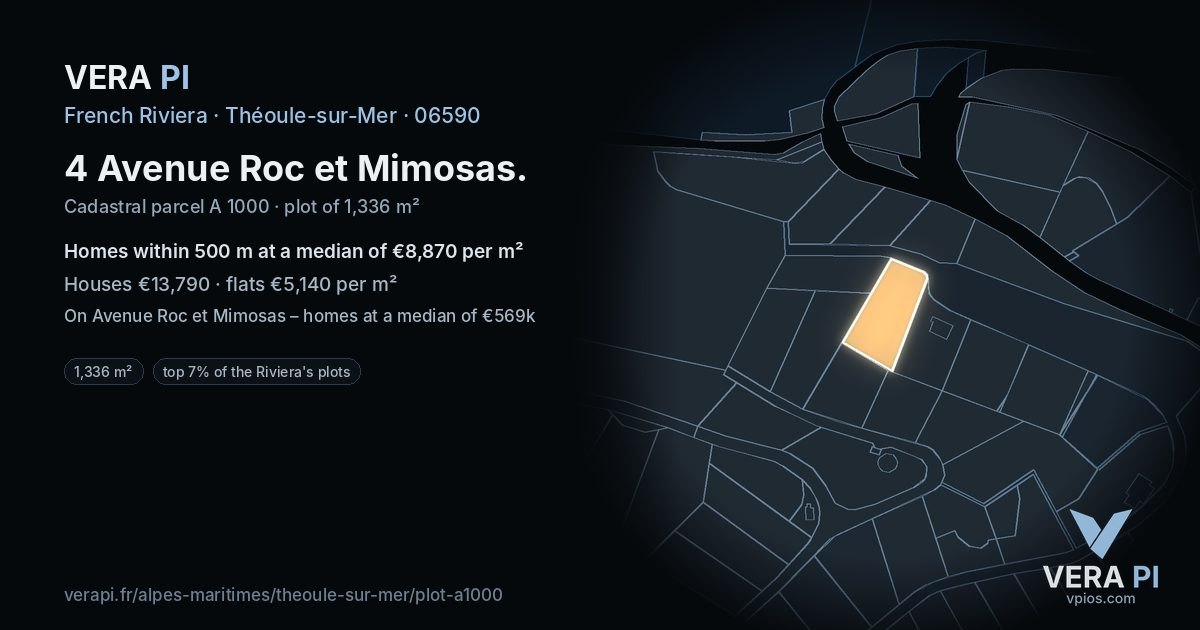 4 Avenue Roc et Mimosas, Théoule-sur-Mer at night – the plot lit, the parcels around coloured by the prices near them
