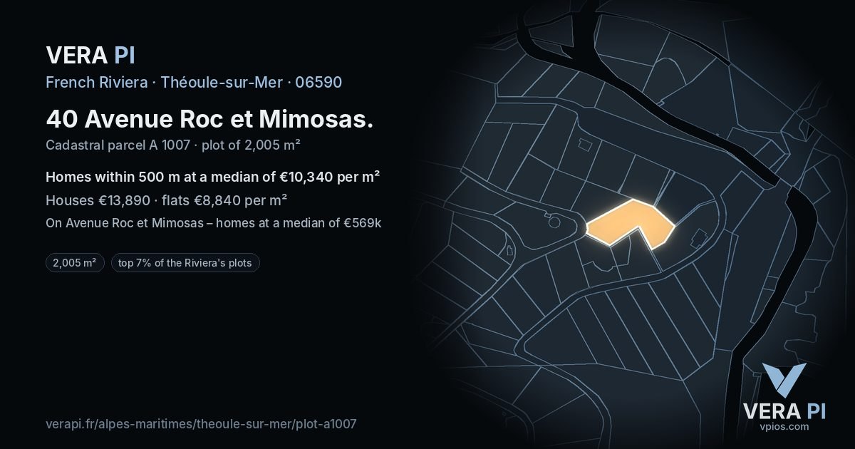 40 Avenue Roc et Mimosas, Théoule-sur-Mer at night – the plot lit, the parcels around coloured by the prices near them