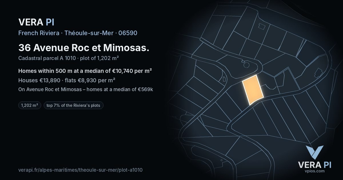 36 Avenue Roc et Mimosas, Théoule-sur-Mer at night – the plot lit, the parcels around coloured by the prices near them