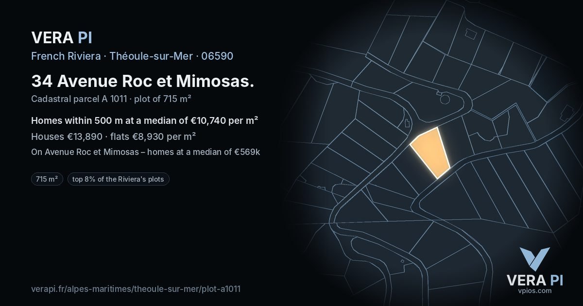 34 Avenue Roc et Mimosas, Théoule-sur-Mer at night – the plot lit, the parcels around coloured by the prices near them
