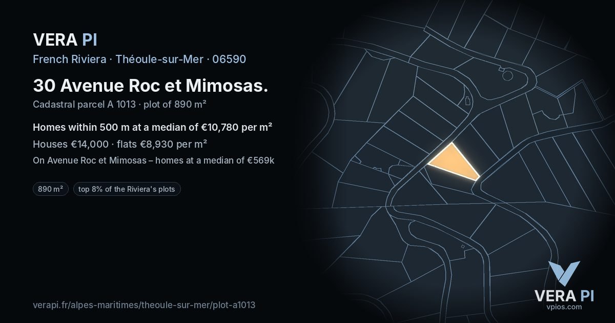 30 Avenue Roc et Mimosas, Théoule-sur-Mer at night – the plot lit, the parcels around coloured by the prices near them