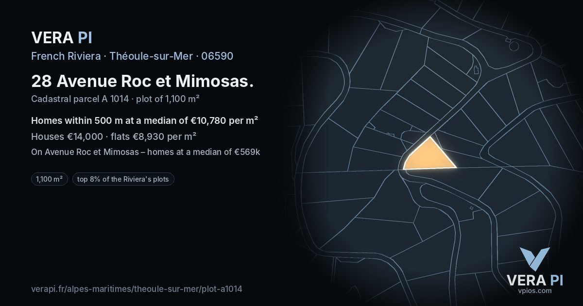 28 Avenue Roc et Mimosas, Théoule-sur-Mer at night – the plot lit, the parcels around coloured by the prices near them
