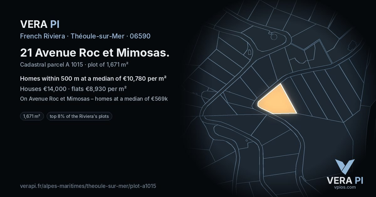 21 Avenue Roc et Mimosas, Théoule-sur-Mer at night – the plot lit, the parcels around coloured by the prices near them