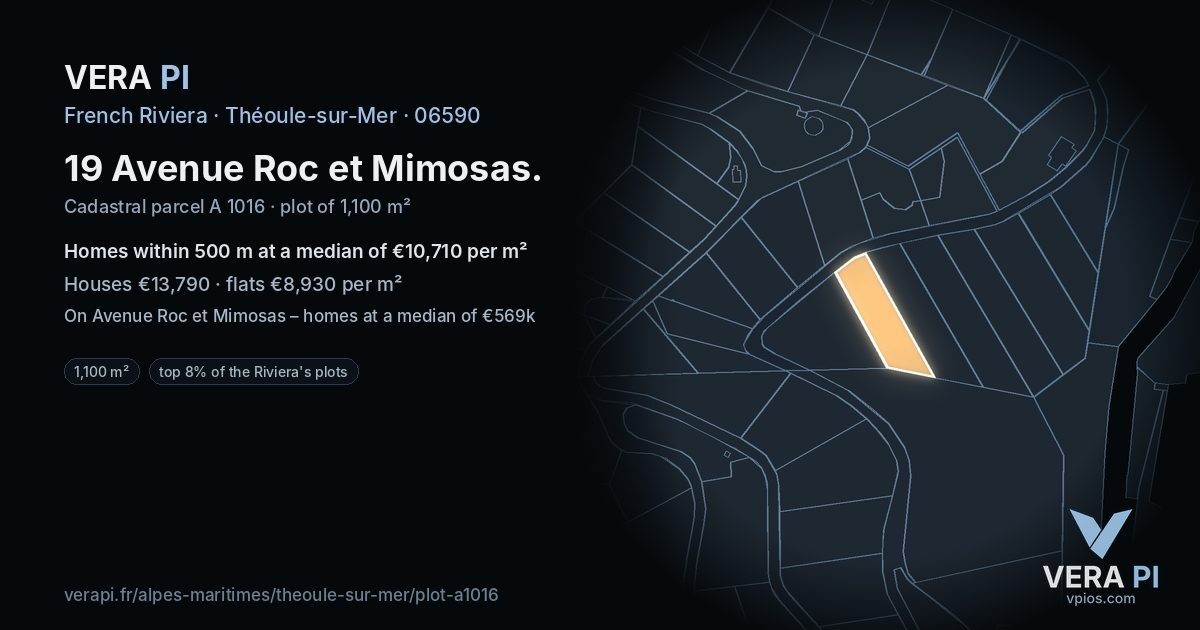 19 Avenue Roc et Mimosas, Théoule-sur-Mer at night – the plot lit, the parcels around coloured by the prices near them