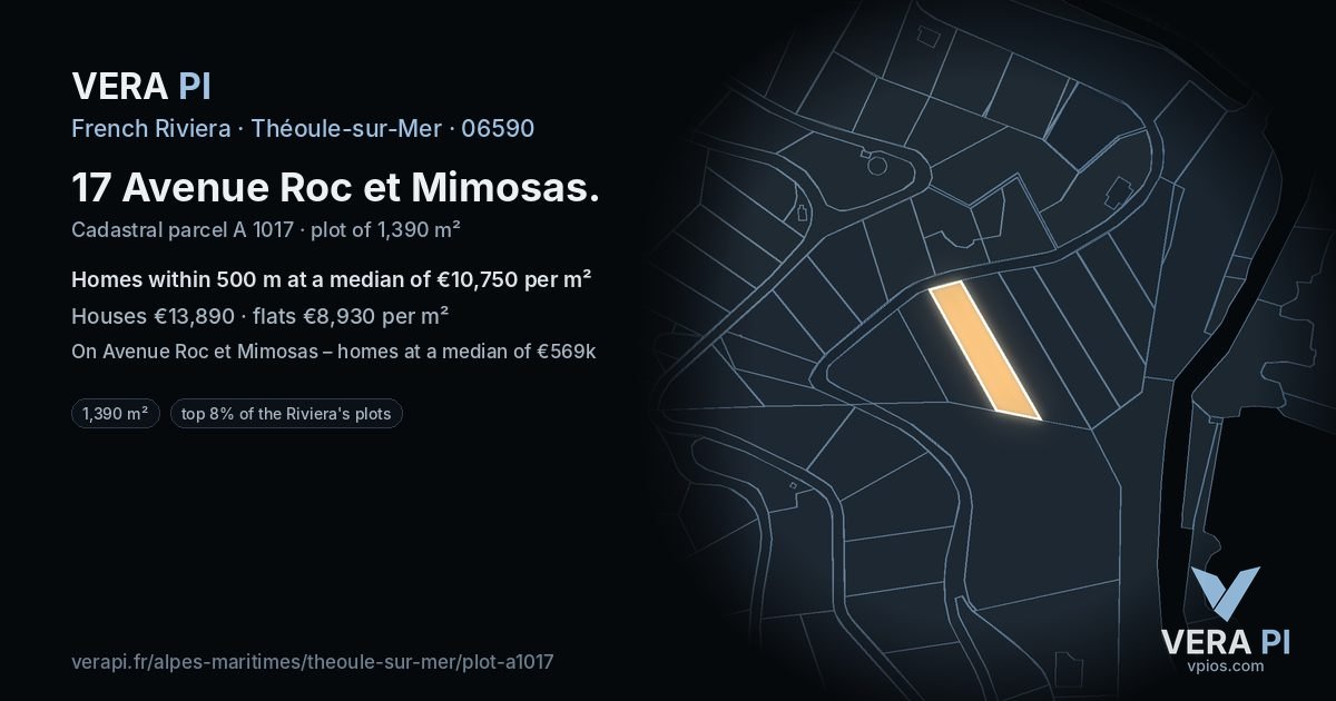 17 Avenue Roc et Mimosas, Théoule-sur-Mer at night – the plot lit, the parcels around coloured by the prices near them