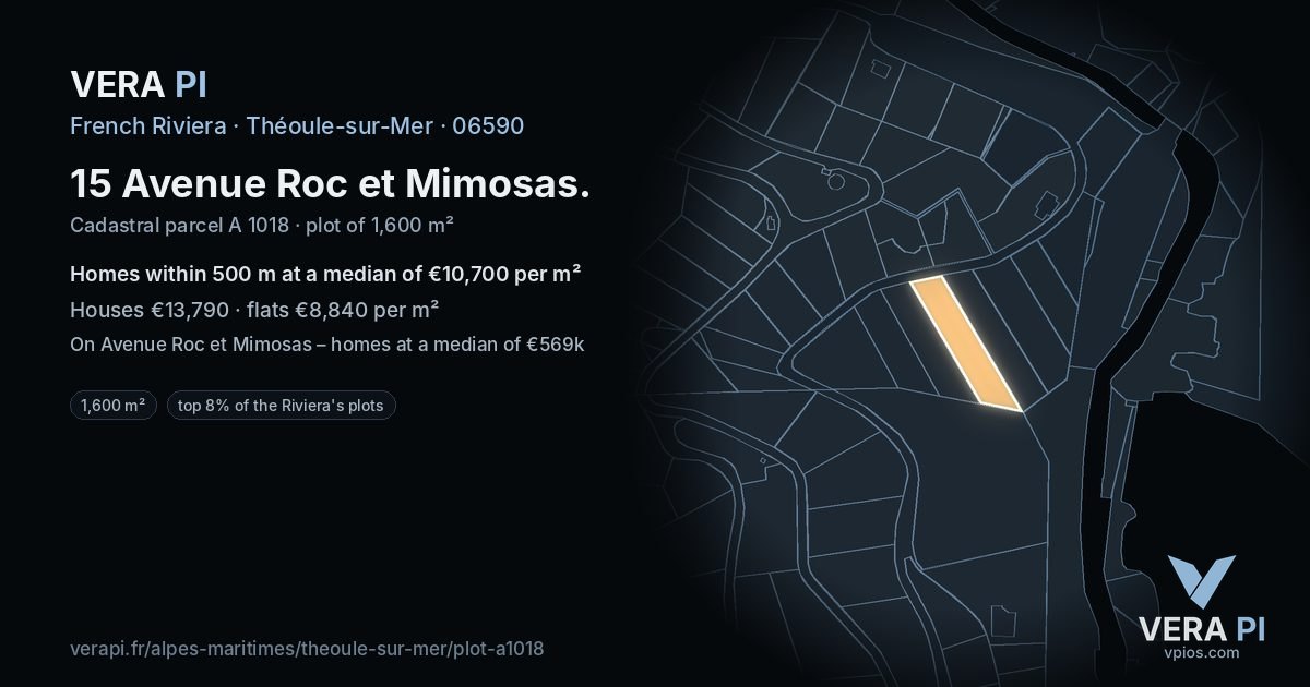 15 Avenue Roc et Mimosas, Théoule-sur-Mer at night – the plot lit, the parcels around coloured by the prices near them