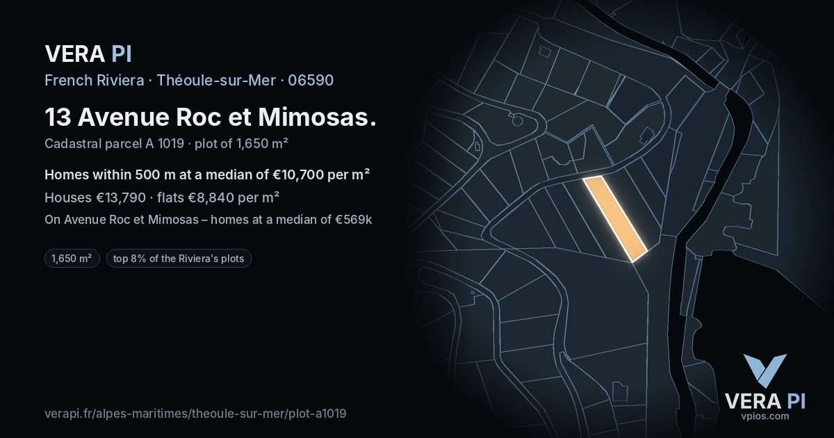13 Avenue Roc et Mimosas, Théoule-sur-Mer at night – the plot lit, the parcels around coloured by the prices near them