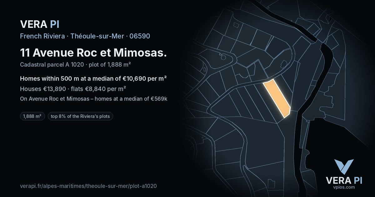 11 Avenue Roc et Mimosas, Théoule-sur-Mer at night – the plot lit, the parcels around coloured by the prices near them