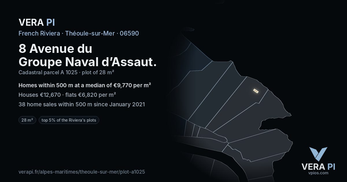 8 Avenue du Groupe Naval d’Assaut, Théoule-sur-Mer at night – the plot lit, the parcels around coloured by the prices near them
