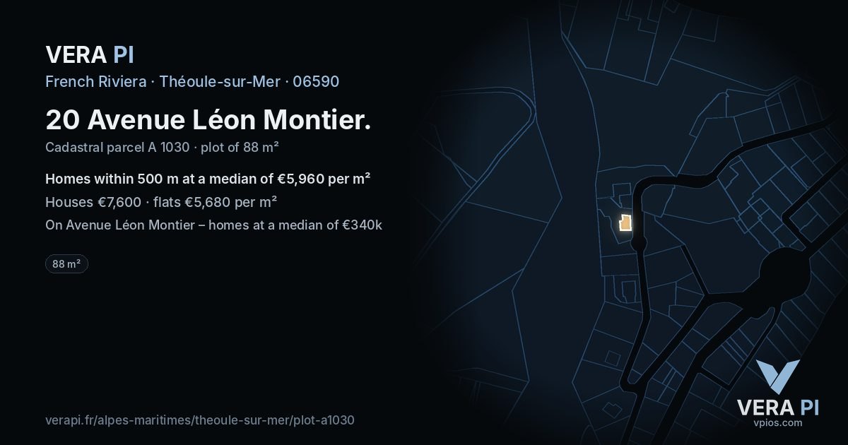 20 Avenue Léon Montier, Théoule-sur-Mer at night – the plot lit, the parcels around coloured by the prices near them