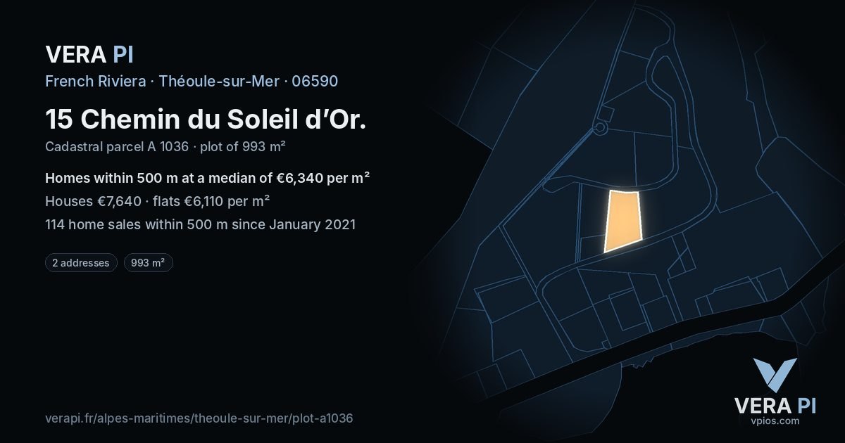 15 Chemin du Soleil d’Or, Théoule-sur-Mer at night – the plot lit, the parcels around coloured by the prices near them