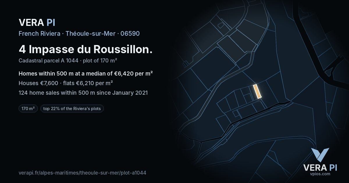 4 Impasse du Roussillon, Théoule-sur-Mer at night – the plot lit, the parcels around coloured by the prices near them