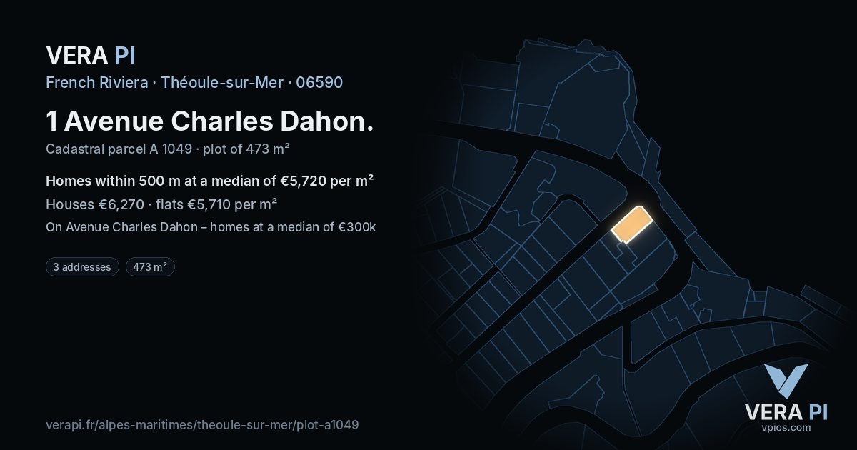 1 Avenue Charles Dahon, Théoule-sur-Mer at night – the plot lit, the parcels around coloured by the prices near them