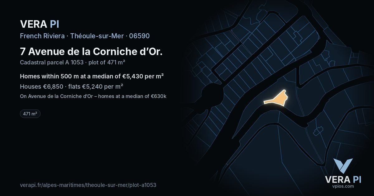 7 Avenue de la Corniche d’Or, Théoule-sur-Mer at night – the plot lit, the parcels around coloured by the prices near them