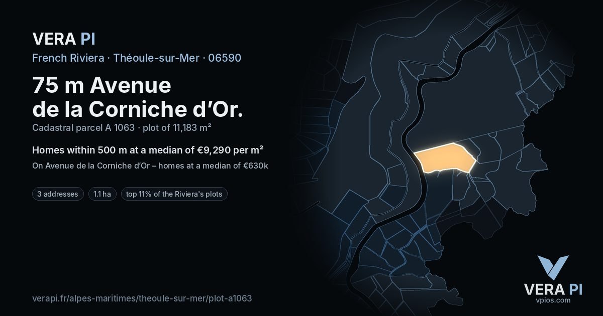 75 m Avenue de la Corniche d’Or, Théoule-sur-Mer at night – the plot lit, the parcels around coloured by the prices near them